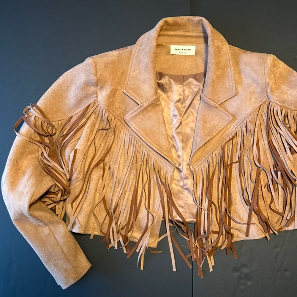 Fringed Suede Cropped Jacket in Tan - Picture 5 of 11